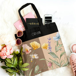 Elegant zwart bloemmotief lente beige bruin trendy tote bag