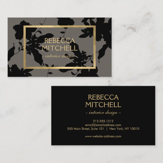 Elegant zwart bloemmotief met gouden accenten visitekaartje (Voorkant / Achterkant)