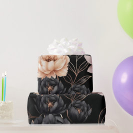 Elegant zwart bloemmotief met gouden bladeren cadeaupapier
