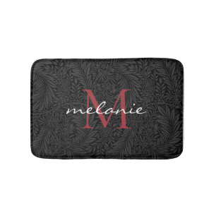 Elegant Zwart Bloemmotief Rood Schrift Monogram Badmat
