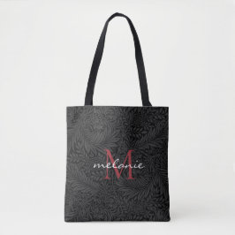Elegant Zwart Bloemmotief Rood Schrift Monogram Tote Bag