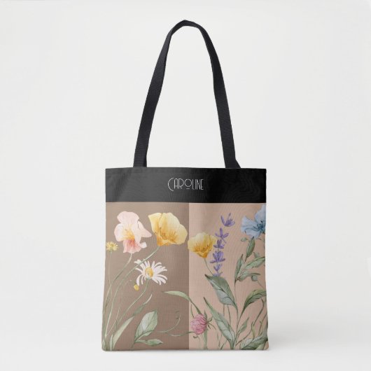 Elegant Zwart Bloemrijk Lentebeige bruin Trendy Tote Bag (Voorkant)