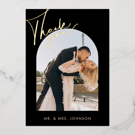 Elegant zwart boog script bruiloft dank u kaart (Voorkant)