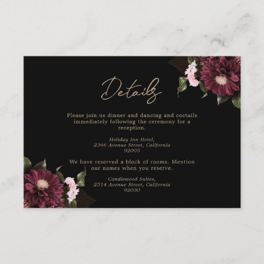 Elegant zwart bordeaux bloemenbruiloft informatiekaartje (Voorkant)
