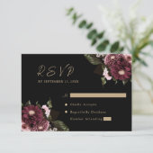 Elegant zwart bordeaux bloemenbruiloft RSVP kaartje (Staand voorkant)