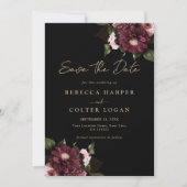 Elegant zwart bordeaux bloemenbruiloft save the date (Voorkant)