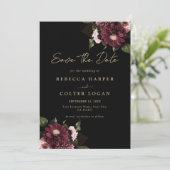 Elegant zwart bordeaux bloemenbruiloft save the date (Staand voorkant)