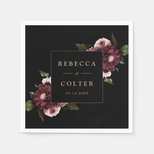 Elegant zwart bordeaux bloemenbruiloft servet (Voorkant)