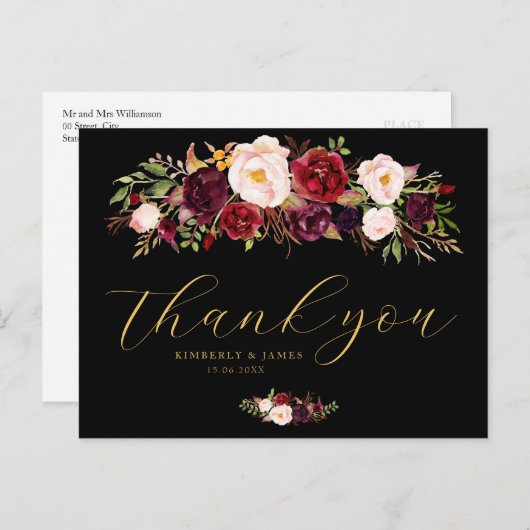 Elegant zwart, bordeaux & blos bruiloft briefkaart (Voorkant / Achterkant)