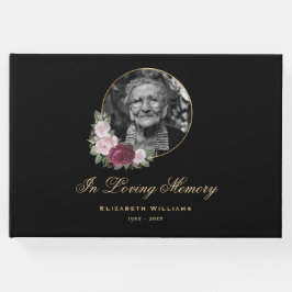 Elegant zwart bordeaux roze bloemenbegrafenis foto gastenboek