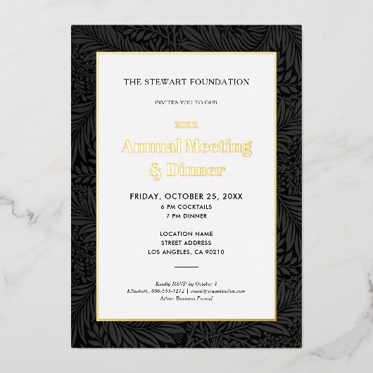 Elegant zwart botanisch jaarlijks bedrijfsdiner folie uitnodiging (Voorkant)