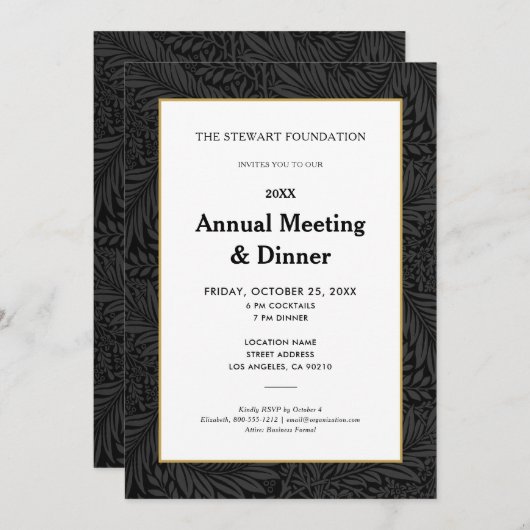 Elegant zwart botanisch jaarlijks zakendiner kaart (Voorkant / Achterkant)