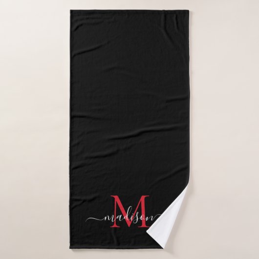 Elegant Zwart Bourgogne Rood Monogram Script Naam Badhanddoek (Badhanddoek)
