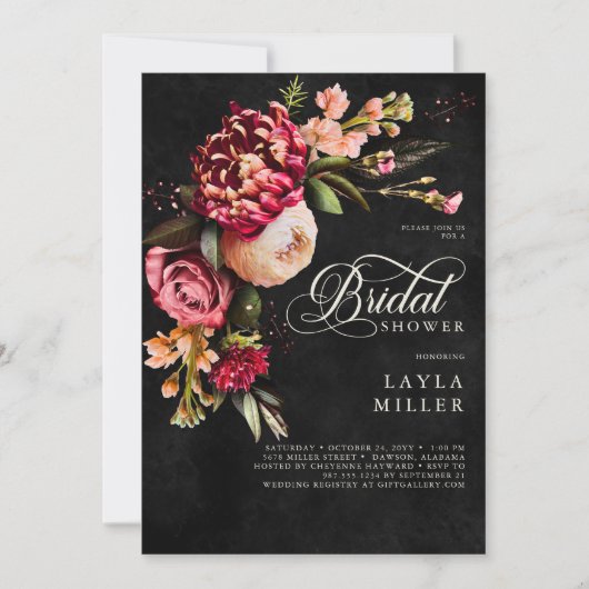 Elegant zwart Bourgondisch bloemenscript Vrijgezel Kaart (Voorkant)