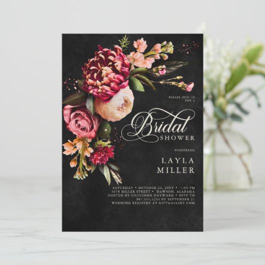 Elegant zwart Bourgondisch bloemenscript Vrijgezel Kaart (Staand voorkant)