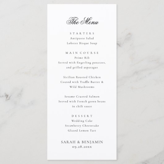 Elegant zwart bruiloft menu & receptie dank u (Voorkant)
