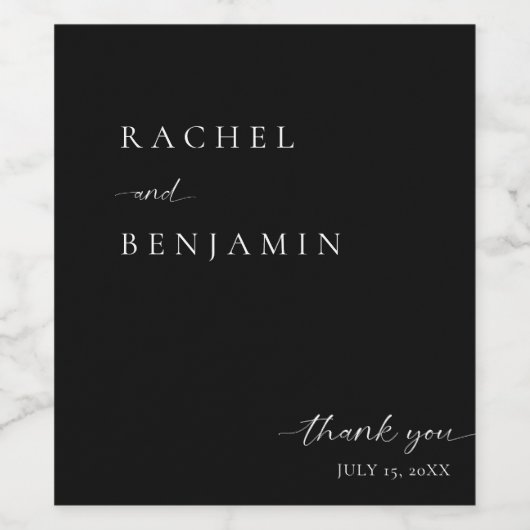 Elegant zwart bruiloft minimalistisch script dank  wijn etiket (Enkel label)