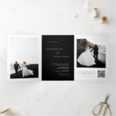 Elegant Zwart Bruiloft RSVP Details QR Code Foto Drieluik Uitnodiging (Binnen)
