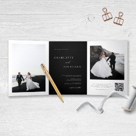 Elegant Zwart Bruiloft RSVP Details QR Code Foto Drieluik Uitnodiging
