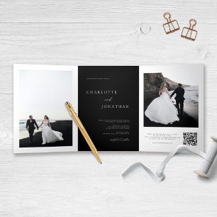 Elegant Zwart Bruiloft RSVP Details QR Code Foto Drieluik Uitnodiging