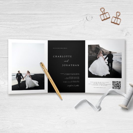 Elegant Zwart Bruiloft RSVP Details QR Code Foto Drieluik Uitnodiging