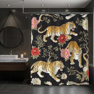 Elegant zwart Chinees tijger- en pioenpatroon Douchegordijn