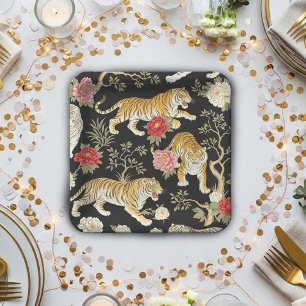 Elegant zwart Chinees tijger- en pioenpatroon Papieren Bordje