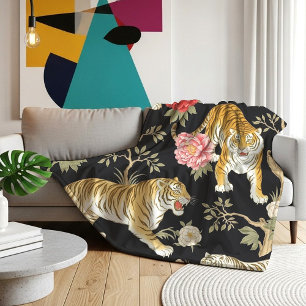 Elegant zwart chinoiserie tijger- en pioenpatroon fleece deken