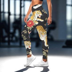 Elegant zwart chinoiserie tijger- en pioenpatroon leggings