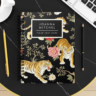 Elegant zwart chinoiserie tijger- en pioenpatroon notitieboek