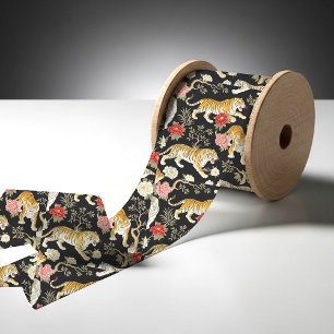 Elegant zwart chinoiserie tijger- en pioenpatroon satijnen lint