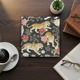 Elegant zwart chinoiserie tijger- en pioenpatroon stenen onderzetter