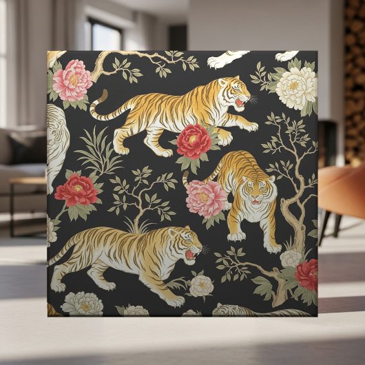 Elegant zwart chinoiserie tijger- en pioenpatroon tegeltje