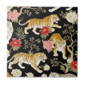 Elegant zwart chinoiserie tijger- en pioenpatroon tegeltje (Voorkant)