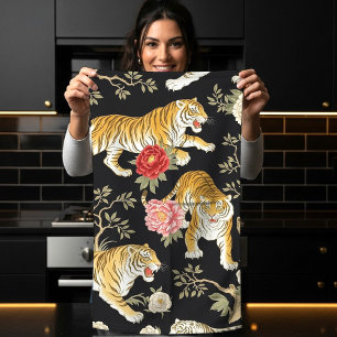 Elegant zwart chinoiserie tijger- en pioenpatroon theedoek