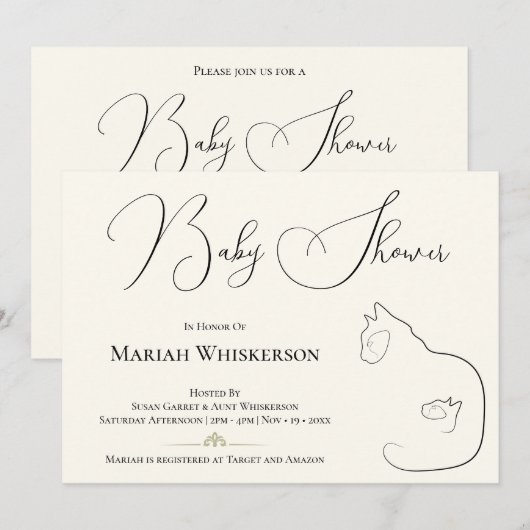 Elegant Zwart & Cream Cat Lover Baby shower Kaart (Voorkant / Achterkant)