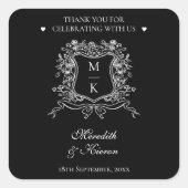 Elegant Zwart  Crest Monogram Dank u Vierkante Sticker (Voorkant)