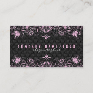 Elegant Zwart Damask & Pastel Roze Bloemen Swirls Visitekaartje