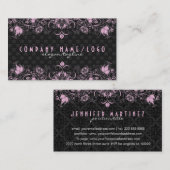 Elegant Zwart Damask & Pastel Roze Bloemen Swirls  Visitekaartje (Voorkant / Achterkant)
