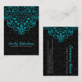 Elegant zwart damasks turquoise blauw kant visitekaartje (Voorkant / Achterkant)