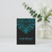 Elegant zwart damasks turquoise blauw kant visitekaartje (Staand voorkant)