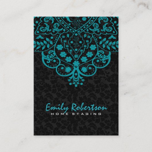 Elegant zwart damasks turquoise blauw kant visitekaartje (Voorkant)