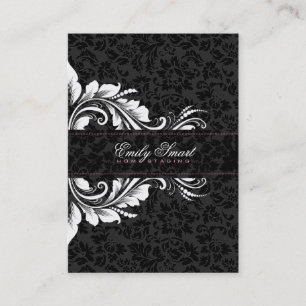 Elegant Zwart Damasks Wit Bloemen Ornament 2 Visitekaartje