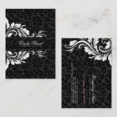 Elegant Zwart Damasks Wit Bloemen Ornament 2 Visitekaartje (Voorkant / Achterkant)