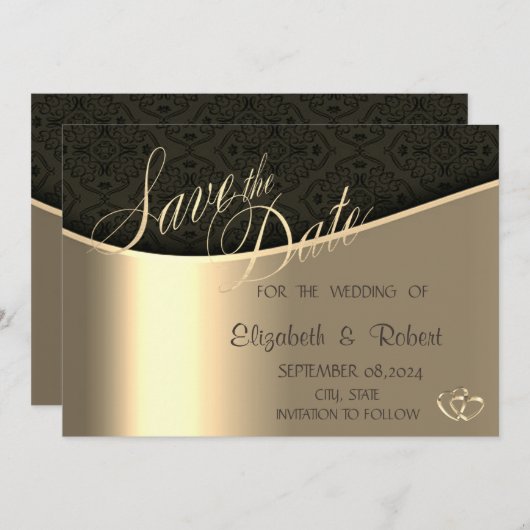 Elegant zwart damast goud de datum opslaan save the date (Voorkant / Achterkant)