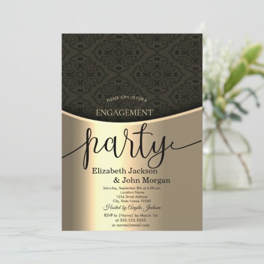 Elegant zwart damast goud verlovingsfeest kaart (Staand voorkant)