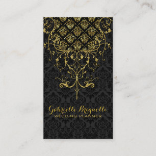 Elegant zwart damast & gouden bloemenkant Lijst Visitekaartje