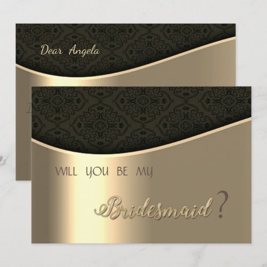 Elegant zwart damast gouden bruidsmeisje Kaart (Voorkant / Achterkant)