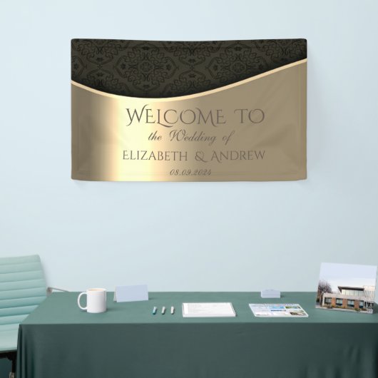 Elegant zwart damast gouden bruiloft banner (Beurs)