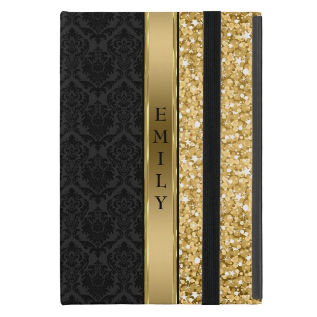Elegant zwart damast gouden glitter iPad mini hoesje (Voorkant Dicht)